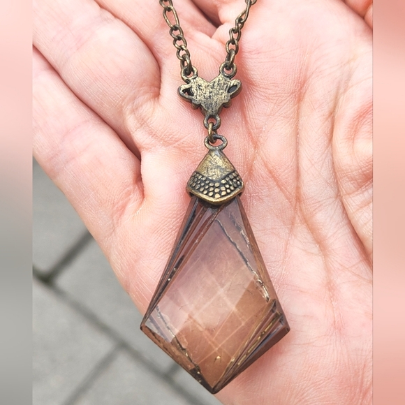 Macy's Faux Smoky Quartz Faceted Kite Antiqued Brass Tone Necklace - Picture 3 of 6